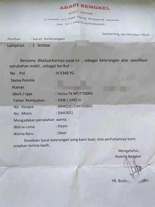 Surat Keterangan Ganti Warna Kendaraan Dari Bengkel Bagi Contoh Surat